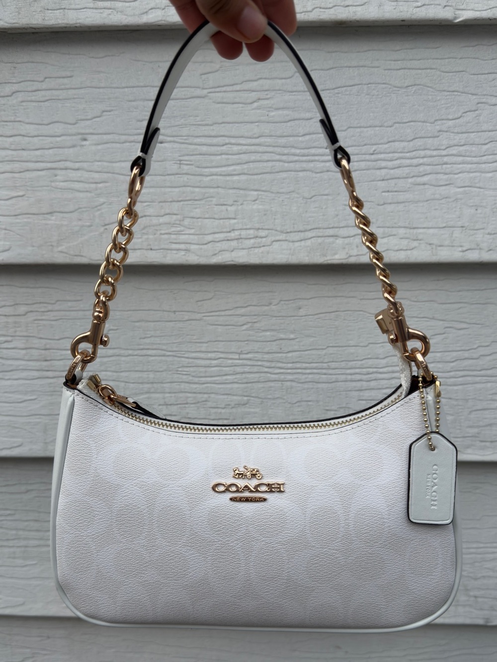 COACH White Teri Signature Shoulder Bag with Gold Chain
